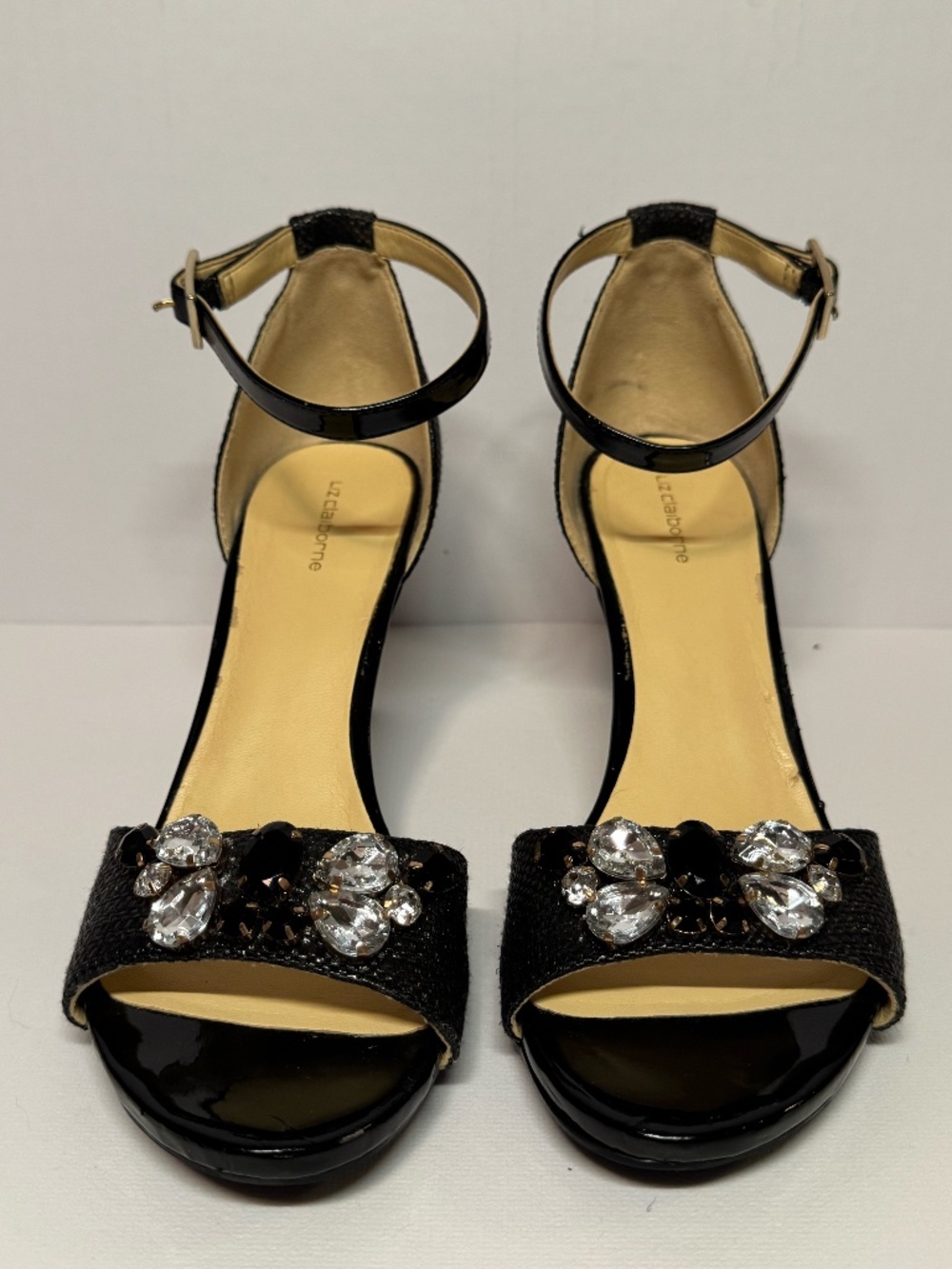 Liz Claiborne Black Embellished Ankle Strap Heels Woven 7.5 Rhinestone Sandals - Picture 5 of 13
